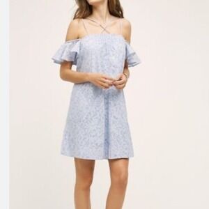 Anthropologie HD In Paris Blue Off Shoulder Ruffle Sleeves Mini Dress‎ Size M